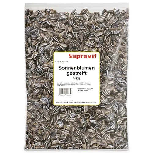 Supravit Sonnenblumenkerne gestreift 5kg – Premium Vogelfutter für Gartenvögel | energiereiches Wildvogelfutter & Streufutter für Ganzjahresfütterung | ungeschälte Sonnenblumenkerne