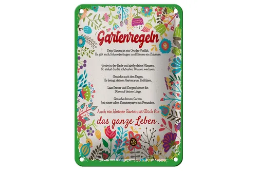 Blechschild Spruch 12x18 cm Gartenregeln Garten ist Ort der Vielfalt Schild