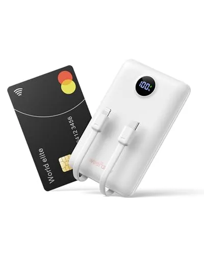 WeeFancy Power Bank 10000mAh Powerbank Klein Mini Powerbank mit integrierten Kabeln USB C Externe Handyakkus 3 Ausgänge & 3 Eingänge Kompatibel mit iPhone/Samsung/Huawei