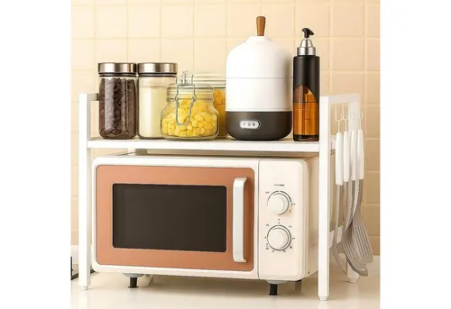 DanDiBo Verstellbares Mikrowellenregal Weiß - Flexibles 2- oder 3-stufiges Regal für die Küche, anpassbar in Breite (40-64 cm) und Höhe, stabil und rutschfest, ideal für Mikrowellen und Küchenutensilien.