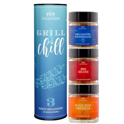 Hallingers Genuss Manufaktur BBQ Grillgewürze Geschenkset – 3 kräftige Gewürze zum Grillen & BBQ in edler Wunderdose, Gewürze Set 