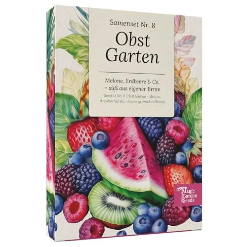 Magic Garden Seeds - Obst-Garten - 6 fruchtige Sorten: Zuckermelone, Erdbeere, Wassermelone, Rhabarber, Physalis & mehr - Samenset zum Selberziehen im Garten oder auf dem Balkon