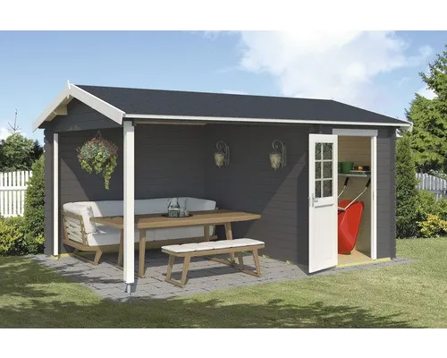 Gartenhaus Blockhaus Satteldach 28 mm Wibo 300 grau - Gartenhaus aus 28 mm Blockbohlen mit abschließbarer Einzeltür, 12.35 m² Nutzfläche und 5 Jahre Herstellergarantie – ideal für Ihren Garten.