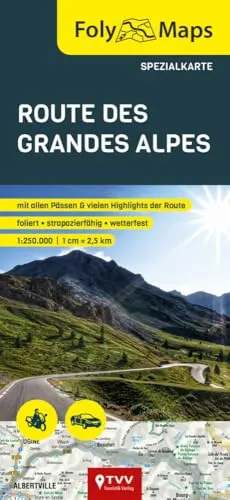 FolyMaps Route des Grandes Alpes Spezialkarte 1:250 000 - Wetterfeste und reißfeste Spezialkarte für Outdoor-Abenteuer, ideal für Mountainbiker und Wanderer in den Alpen.