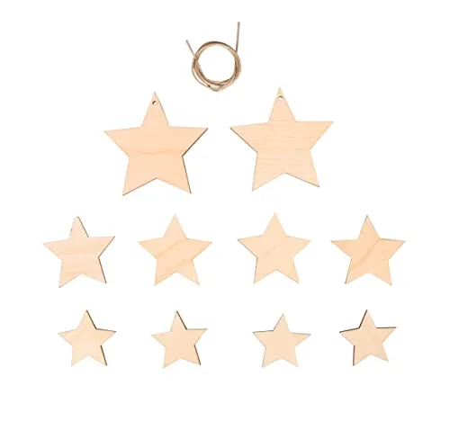 Rayher Holzdekoration Sterne, 10 Stück, Weihnachtsdekoration, Holz FSC zertifiziert, natur, 3,5 - 7,5cm ø + Kordel 0,5 m, 46623505