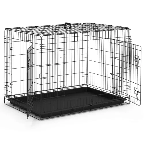 VOUNOT Hundekäfig Klappbar, Hundebox Auto Hundetransportkäfig mit Doppeltüren, 2 Transportgriffen & Bodenschale, L 92x58x64cm, Schwarz