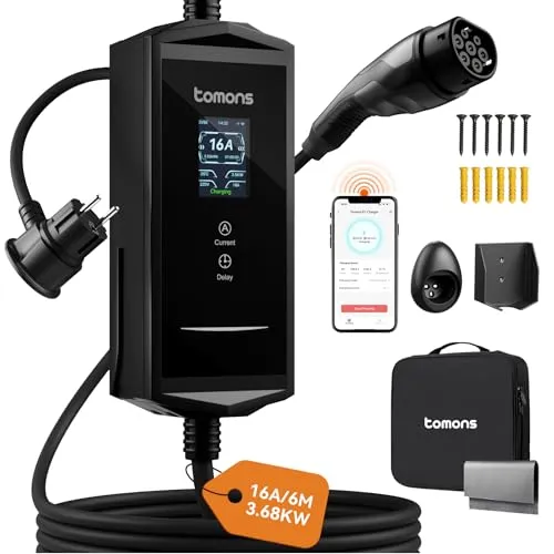 tomons Type 2 Ladekabel Schuko mit APP – Mobile Wallbox 3,68 kW - Mobile Wallbox mit intelligenter App-Steuerung für flexibles Laden. 6 m lang, wetterfest (IP65) und mit 10 Sicherheitsfunktionen ausgestattet. Ideal für E-Autos und Plug-in-Hybride, inklusive LCD-Display für alle Ladeinformationen.