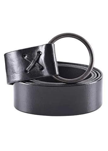 Battle-Merchant Kräftiger Mittelalter Ledergürtel mit Messingring extra lang Braun o. Schwarz Wikinger Langgürtel LARP Gürtel für Damen, Herren o. Kinder vers. Längen (Schwarz, 150 cm)
