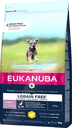Eukanuba Welpenfutter getreidefrei mit Huhn - Trockenfutter für kleine und mittelgroße Rassen, optimal für gesundes Wachstum und starke Muskulatur, 3 kg