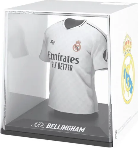 BanboToys Real Madrid Bellingham Mini T-Shirt Vitrine - Actionfigur-Vitrine für Fußballfans, präsentiert das ikonische Trikot von Bellingham und bringt stilvolles Sammler-Highlight in Ihr Zuhause.