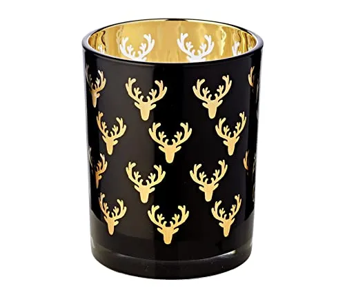 EDZARD Teelichtglas Ben, Hirsch Muster, außen schwarz, innen goldfarben, Windlicht, Kerzenglas (Höhe 13 cm)