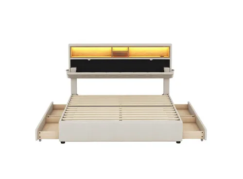 autolock Polsterbett Doppelbett mit USB-Aufladung und LED-Beleuchtung, 140 x 200 cm beige/weiß