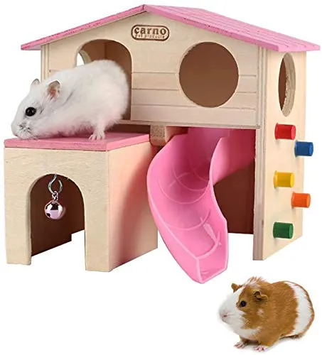 Hamsterhaus aus Holz, Kleintierversteck Kletterleiter, Rutsche, Hütte, Spielspielzeug für Streifenhörnchen, Maus, Ratte, Igel (Rosa)