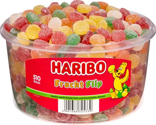 Haribo Frucht Flip 510 Stück - 1,275 kg Fruchtgummi - Leckere Fruchtgummis in praktischer Dose, ideal für süße Snacks und Partys. Genießen Sie den fruchtigen Geschmack und die Vielfalt der Sorten!