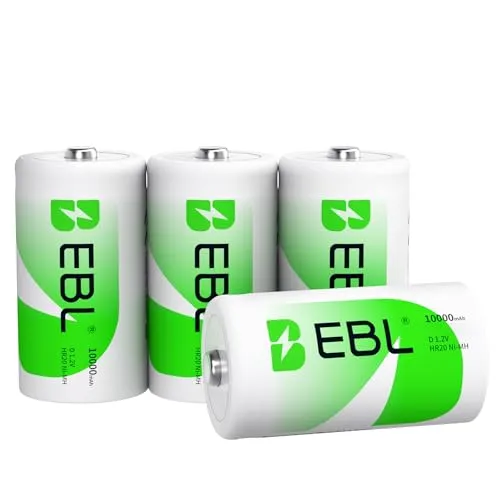 EBL D Akku 10000mAh - Wiederaufladbare D Zelle NI-MH Batterie 4 Stück - Akkus für hohe Energiebedarfe, langlebig mit 80% Leistung nach 3 Jahren. Ideal für Geräte wie Fernbedienungen und Taschenlampen, umweltfreundlich ohne Memory-Effekt.