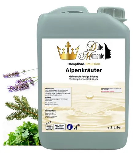 Dufte Momente Dampfbad Emulsion Alpenkräuter 3L - Saunadüfte & -öle, gebrauchsfertig und mit natürlichen ätherischen Ölen in BIO-Qualität für entspannende Dampfbad-Erlebnisse. Vegan und ohne Tierversuche.
