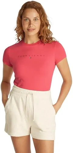 Tommy Jeans Damen T-Shirt Kurzarm Tonal Linear Tee Slim Fit, Rot (Amour), XL