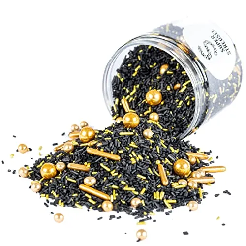 Super Streusel Goldrausch Gold Schwarze Streudeko | Streusel Gold Zuckerstreusel Gold Essbar | Streusel Gold Essbar | Zuckerperlen Gold Backdeko Essbar | Essbarer Glitzer Gold Schwarz (90g)