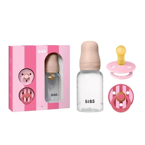 BIBS Gift Set Baby Sprinkle, mit BIBS Babyflasche (150 ml) und Colour-Schnuller (2er-Pack) mit rundem Sauger. Aus Naturkautschuk-Latex, hergestellt in Dänemark, Größe 1 (0–6 Monate), Blush