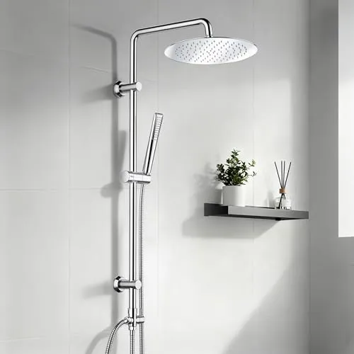 Görbach Duschsystem ohne Armatur mit Edelstahl Regendusche, massive Kopfbrause 25 cm Chrom, stabile Duschstange aus Edelstahl, verstellbare Halterungen, kompatibel mit bestehenden Bohrlöchern