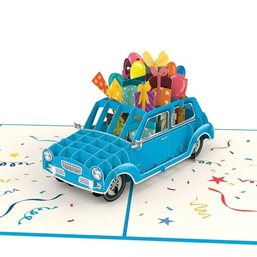 papercrush® Pop Up Karte Geburtstagsauto (Blau) - Lustige 3D Geburtstagskarte für Frau, Mann, Freund und Kinder (Mädchen & Jungen), Besondere Glückwunschkarte mit Auto für Geldgeschenk zum Geburtstag
