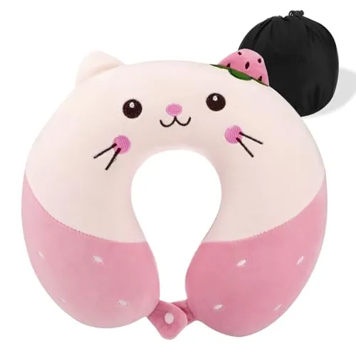Litimkat Nackenkissen Kinder,Tragbares Nackenkissen，Reisekissen， U-förmiges Memory-Schaum-Kissen, Reisen, Flugzeug, Auto, Zug, Büro, Zuhause, Kissenbezug mit niedlichem Tiermuster, abnehmbar (Rosa)
