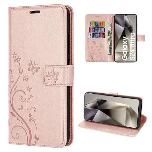 Hülle Kompatibel mit Samsung Galaxy S24 Ultra | Premium PU Leder Handyhülle Wallet Case für Galaxy S24 Ultra | Schutzhülle Blumen Klapphülle Handyhülle | Rosegold
