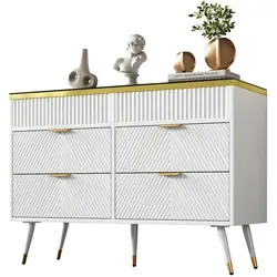 Modfu Kommode in Weiß, 40x76x120 cm - Elegante Kommode mit sechs Schubladen für optimalen Stauraum. Der stilvolle Look mit Glasoberfläche und gebürsteten Metallakzenten passt perfekt in moderne Wohnräume.
