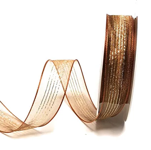 Schleifenband 20m x 25mm Organza Braun - Gold gestreift Dekoband Geschenkband [3879]