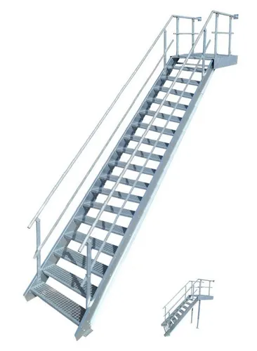 SRM Design Außentreppe 17 Stufen mit Podest und Geländer - Robuste Stahltreppe mit 17 Stufen und Podest, ideal für Garten und gewerbliche Nutzung. Verzinkt für optimalen Korrosionsschutz und einfache Montage.
