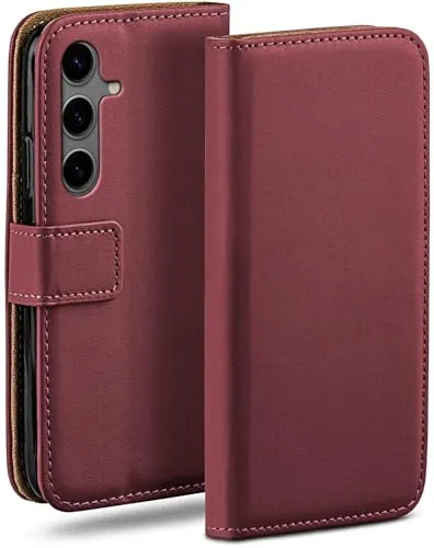 moex für Samsung Galaxy S24 Hülle mit Kartenfach, Handyhülle klappbar 360 Grad Schutzhülle, PU Leder Handytasche Samsung Galaxy S24 Klapphülle Flip Case, Weinrot