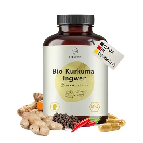 BIONUTRA© Bio Kurkuma Kapseln mit Ingwer, Pfeffer und Chili, 270 Stück à 700 mg hochdosiert, vegan & ohne Zusätze, Rückstandskontrolliert, Deutsche Herstellung, natürliche Kurkuma Ingwer Bio