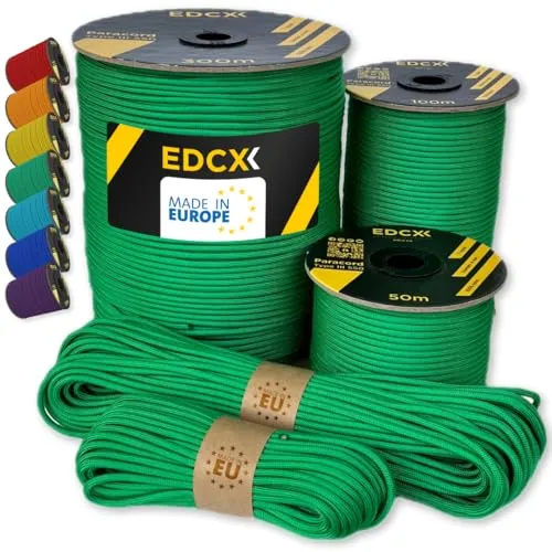 EdcX Paracord 550 Typ III 4 mm – 7 Kern-Strängen, 100% Nylon, reißfest bis 250 kg – 35+ Farben (10/15/30/50/100/300 m) – Survival-Seil, Fallschirmschnur, Zeltleine | Made in EU (Green, 50 m)