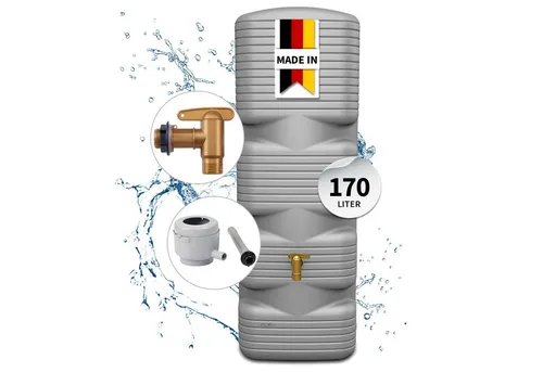 Quadro Wandtank 170l inkl. Auslaufhahn in Betongrau - Platzsparender Wandtank mit 170 Litern Volumen und 5 Gewindeanschlüssen, ideal für effiziente Bewässerung im Garten.