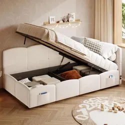 MODFU Polsterbett ohne Matratze 90x200 Kinderbett mit Lattenrost Stauraumbett Jugendbett aus Samt mit Stautasche,Bettgestell mit USB-Ladegerät,Beige - Beige