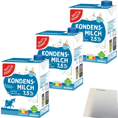 Gut&Günstig Kondensmilch 7,5% mit Schraubverschluss 3x340g Packung usy Block
