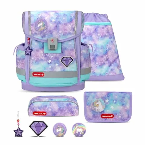 Belmil Classy Plus Schulranzen Set 5-teilig mit Brustgurt - Diamond Unicorn - Ergonomisches 5-teiliges Schulranzen-Set für die Grundschule, mit leichtem Design und wasserabweisendem Material, ideal für Kinder von 1. bis 3. Klasse.