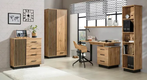 Büro Lamelo 4-teiliges Büromöbel Set in Eiche Wotan und Schwarz matt