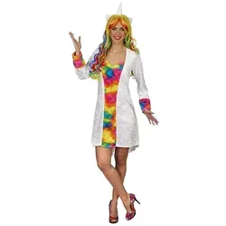 Metamorph Kostüm Regenbogen Einhorn Kleid, Langärmeliges Kleid mit knallbunten Einsätzen weiß 32-34