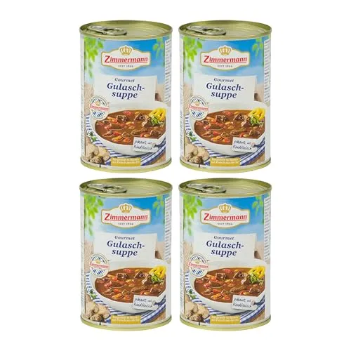 Food-United GOURMET GULASCHSUPPE 4x400ml Dose | herzhaft | pikant | aus Bayern von ZIMMERMANN | bayerische Spezialität | Rindergulasch-Suppe mit Gemüse verfeinert