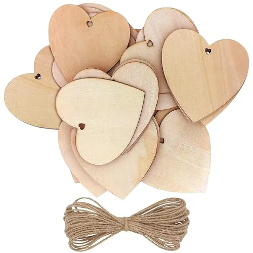 Kurtzy 25-er Pack Holzherzen mit 10m Jute Schnur - 10x10cm Streudeko Set Holz Herzen Unbehandelt mit Loch zum Beschriften - Holzherz Deko für Hochzeit, Party, Jubiläum, Geschenkanhänger, zum Basteln
