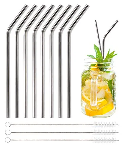 Pentaton Trinkhalme aus Edelstahl, 8 Wiederverwendbare Strohhalme, 3 Reinigungsbürsten, Metallstrohhalme, Länge 21,5cm, Farbe Silber
