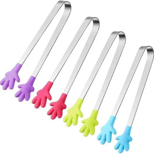 HAKACC Mini Zuckerzangen Set 4 Stück, Edelstahl Servierzangen mit Silikongriff, Bunte Partyzangen für Candybar, Weihnachtsbuffet, Kindergeburtstag, Grill Snacks und Festliche Dekoration