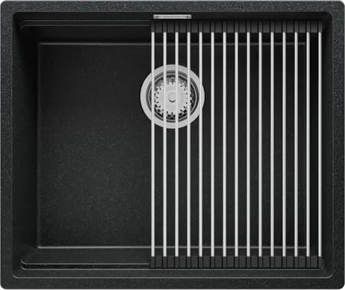 PRIMAGRAN Unterbauspüle Granit Anthrazit 56x47cm, Spülbecken 1 Becken + Ablauf-Set + Aufrollbare Abtropffläche, Granitspüle ab 60er Unterschrank - Praga S216