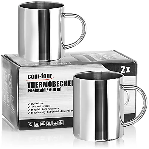 com-four® 2x Edelstahl Thermobecher - 400 ml je Becher - Isolierbecher doppelwandig - Kaffeetasse bruchsicher - Thermo-Trinkbecher - Camping Becher - Tasse - BPA-frei