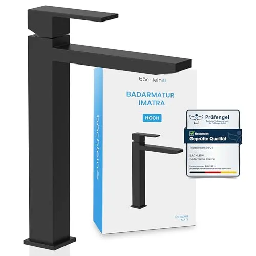 Bächlein Badarmatur Imatra hoch – elegante Waschtischarmatur mit 215mm Auslaufhöhe - Waschtischarmaturen mit extra hohem Auslauf für Aufsatzwaschbecken. Der innovative Neoperl Luftsprudler sorgt für leisen, belüfteten Wasserstrahl und maximalen Kalkschutz.