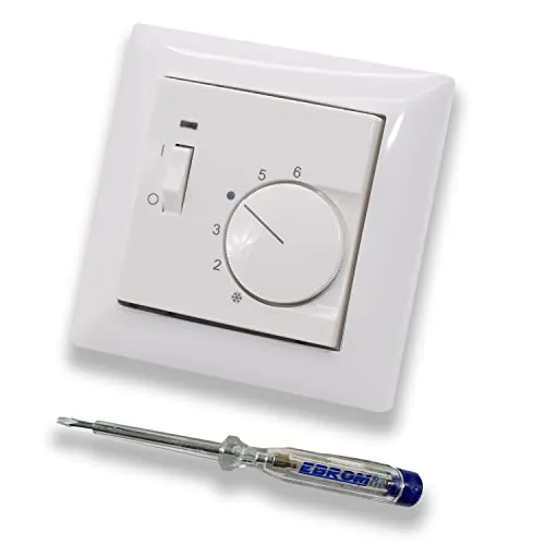 Halmburger Raumthermostat Raumtemperaturregler RTR-5513rg mit Schalter AN/AUS in Busch Jäger Balance SI alpinweiß im Rahmen + EBROM Phasenprüfer zur Montage des Geräts RTR-5513 (rg) Fußbodenheizung