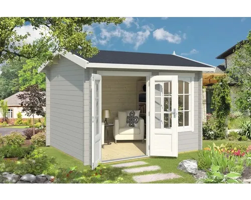 Gartenhaus Blockhaus Satteldach 44 mm Alex grau 320x270 cm - Gartenhaus mit 44 mm Wandstärke, abschließbar und inklusive Holz-Boden. Ideal für Gartenliebhaber, die zusätzlichen Stauraum und eine gemütliche Rückzugsmöglichkeit suchen.