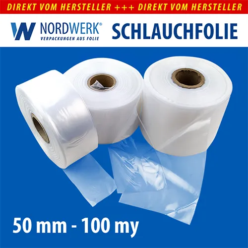 LDPE Schlauchfolie 50mm x 0,1 mm (100 my), 250 m je Rolle transparent 76er Kern