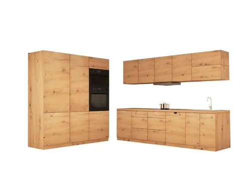 Küchenzeile Artisan Eiche 320x160 cm - Moderne Küchenzeile in Artisan Eiche mit durchdachtem Stauraumkonzept. Ideal für kleine Küchen, bietet sie Platz für Kühlgerät und Mikrowelle. Hochwertige Verarbeitung mit praktischen Schubladen für eine optimale Organisation.